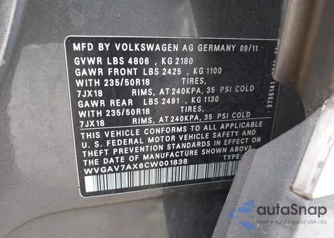 2012 Volkswagen Tiguan Se z USA, uszkodzony, nr VIN WVGAV7AX6CW001838